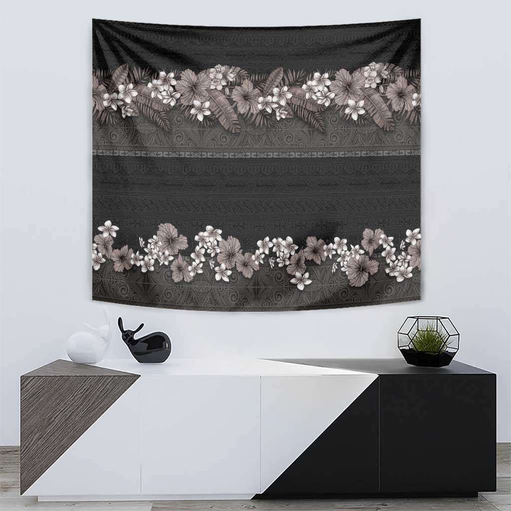 Hawaiian Tropical Flowers and Tribal Polynesian Tattoo Tapestry Grayscale Mode LT03 - Polynesian Pride