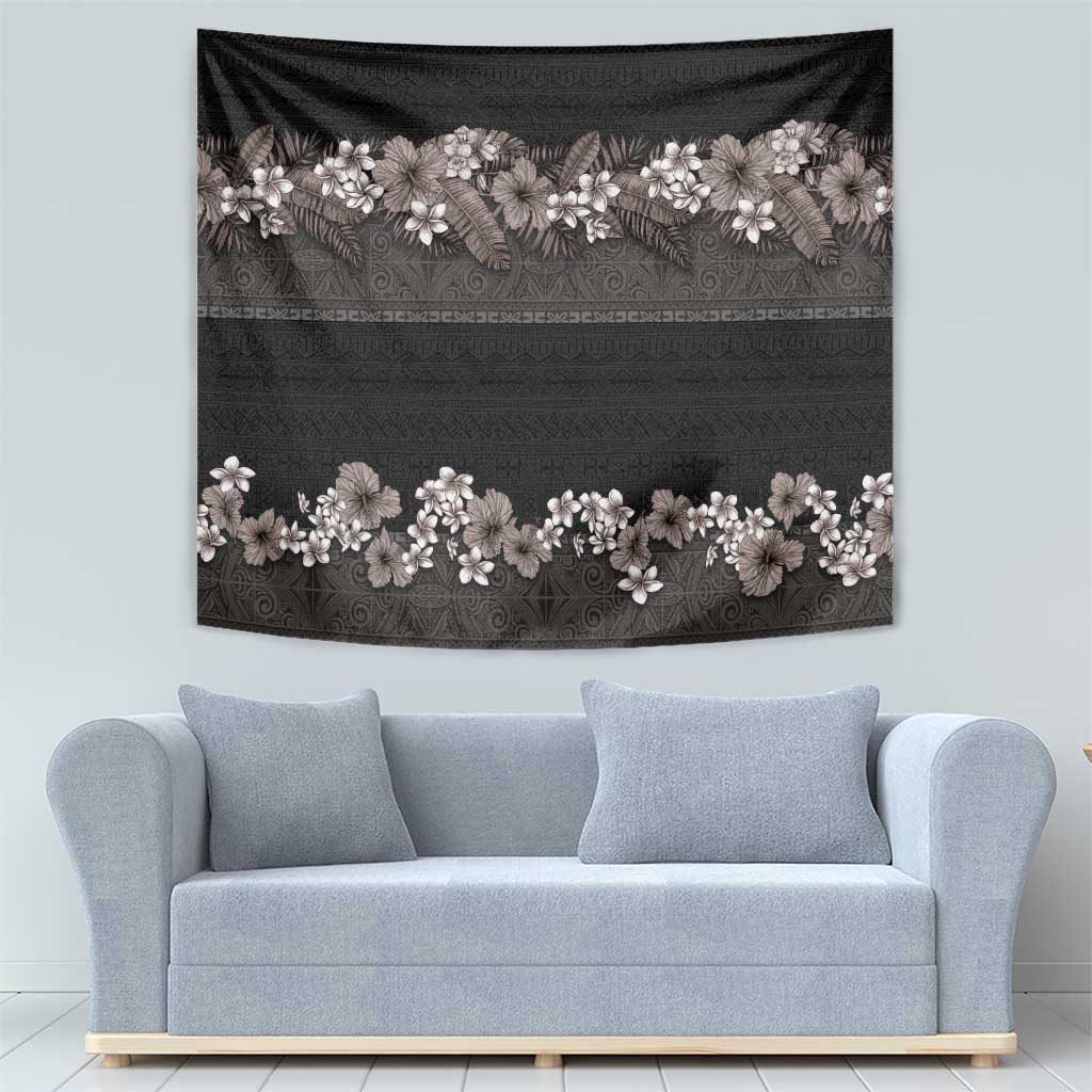 Hawaiian Tropical Flowers and Tribal Polynesian Tattoo Tapestry Grayscale Mode LT03 - Polynesian Pride