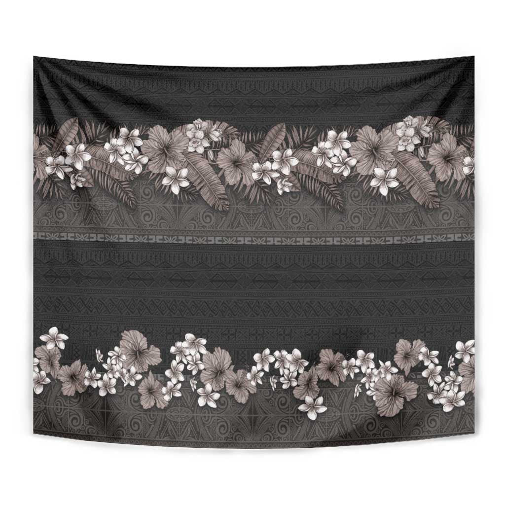 Hawaiian Tropical Flowers and Tribal Polynesian Tattoo Tapestry Grayscale Mode LT03 - Polynesian Pride