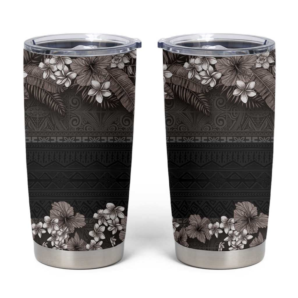 Hawaiian Tropical Flowers and Tribal Polynesian Tattoo Tumbler Cup Grayscale Mode