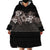 Hawaiian Tropical Flowers and Tribal Polynesian Tattoo Wearable Blanket Hoodie Grayscale Mode