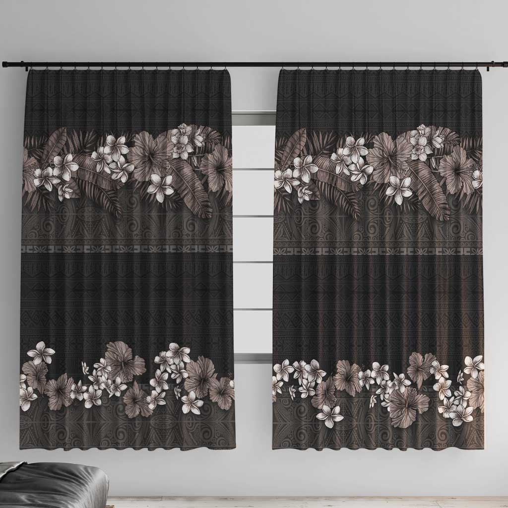 Hawaiian Tropical Flowers and Tribal Polynesian Tattoo Window Curtain Grayscale Mode LT03 With Hooks Black - Polynesian Pride