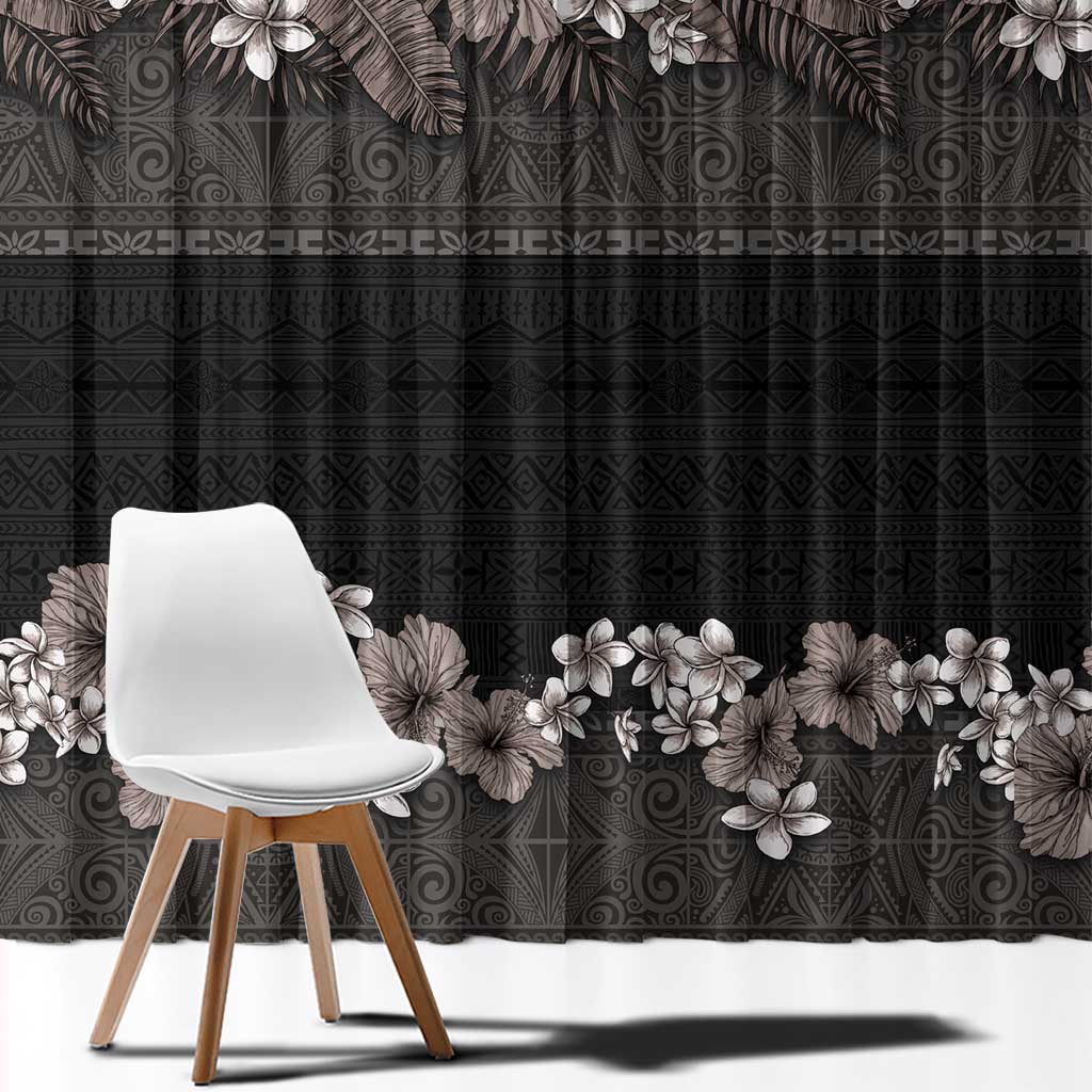 Hawaiian Tropical Flowers and Tribal Polynesian Tattoo Window Curtain Grayscale Mode LT03 - Polynesian Pride