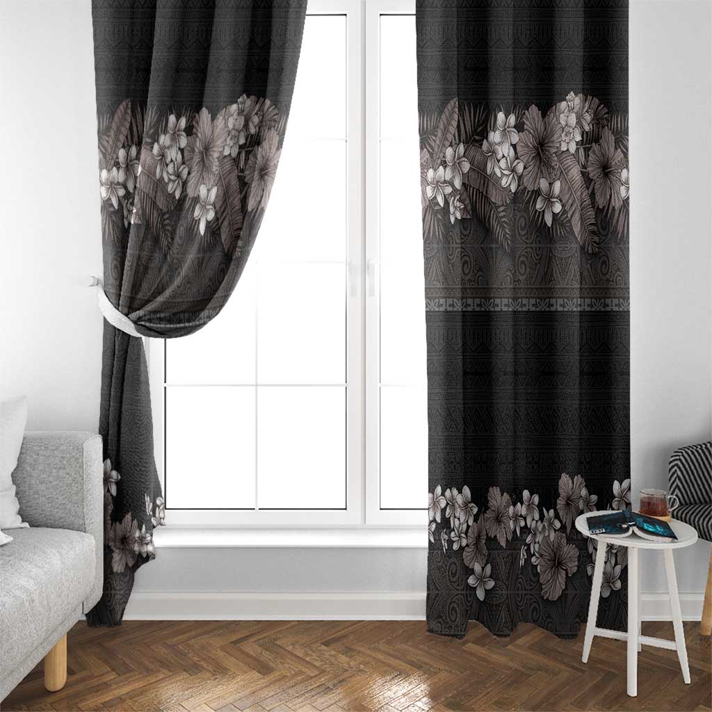 Hawaiian Tropical Flowers and Tribal Polynesian Tattoo Window Curtain Grayscale Mode LT03 - Polynesian Pride