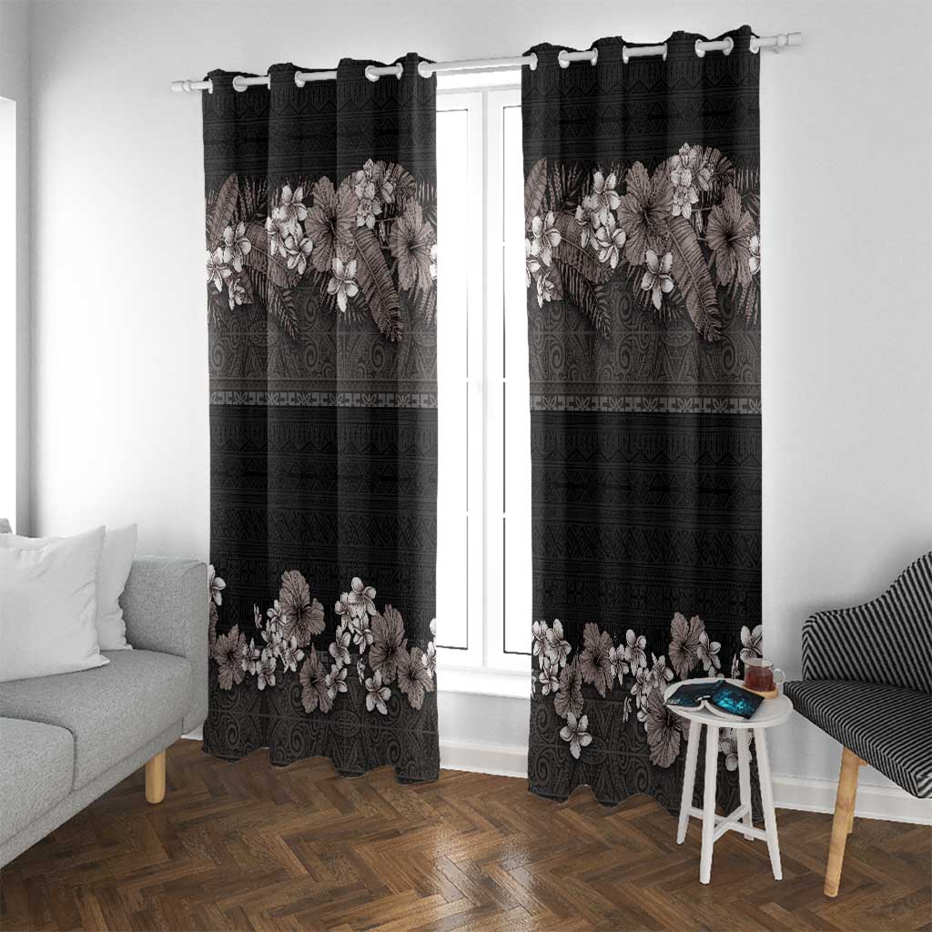 Hawaiian Tropical Flowers and Tribal Polynesian Tattoo Window Curtain Grayscale Mode LT03 With Grommets Black - Polynesian Pride