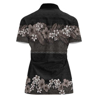 Hawaiian Tropical Flowers and Tribal Polynesian Tattoo Women Polo Shirt Grayscale Mode