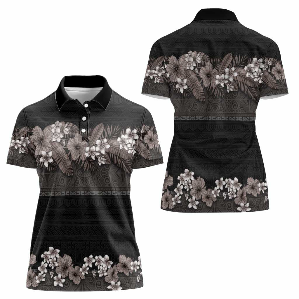 Hawaiian Tropical Flowers and Tribal Polynesian Tattoo Women Polo Shirt Grayscale Mode