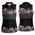 Hawaiian Tropical Flowers and Tribal Polynesian Tattoo Women Sleeveless Polo Shirt Grayscale Mode