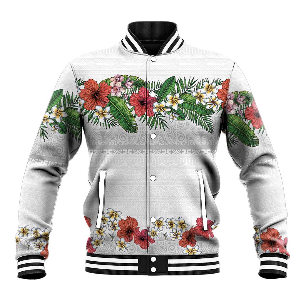 Hawaiian Tropical Flowers and Tribal Polynesian Tattoo Baseball Jacket White Color