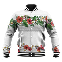 Hawaiian Tropical Flowers and Tribal Polynesian Tattoo Baseball Jacket White Color LT03 Unisex White - Polynesian Pride