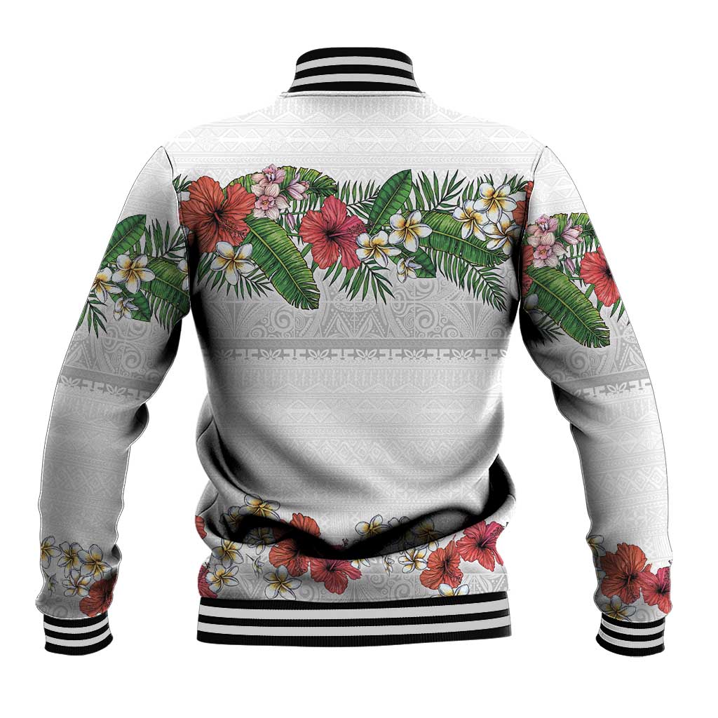 Hawaiian Tropical Flowers and Tribal Polynesian Tattoo Baseball Jacket White Color LT03 - Polynesian Pride