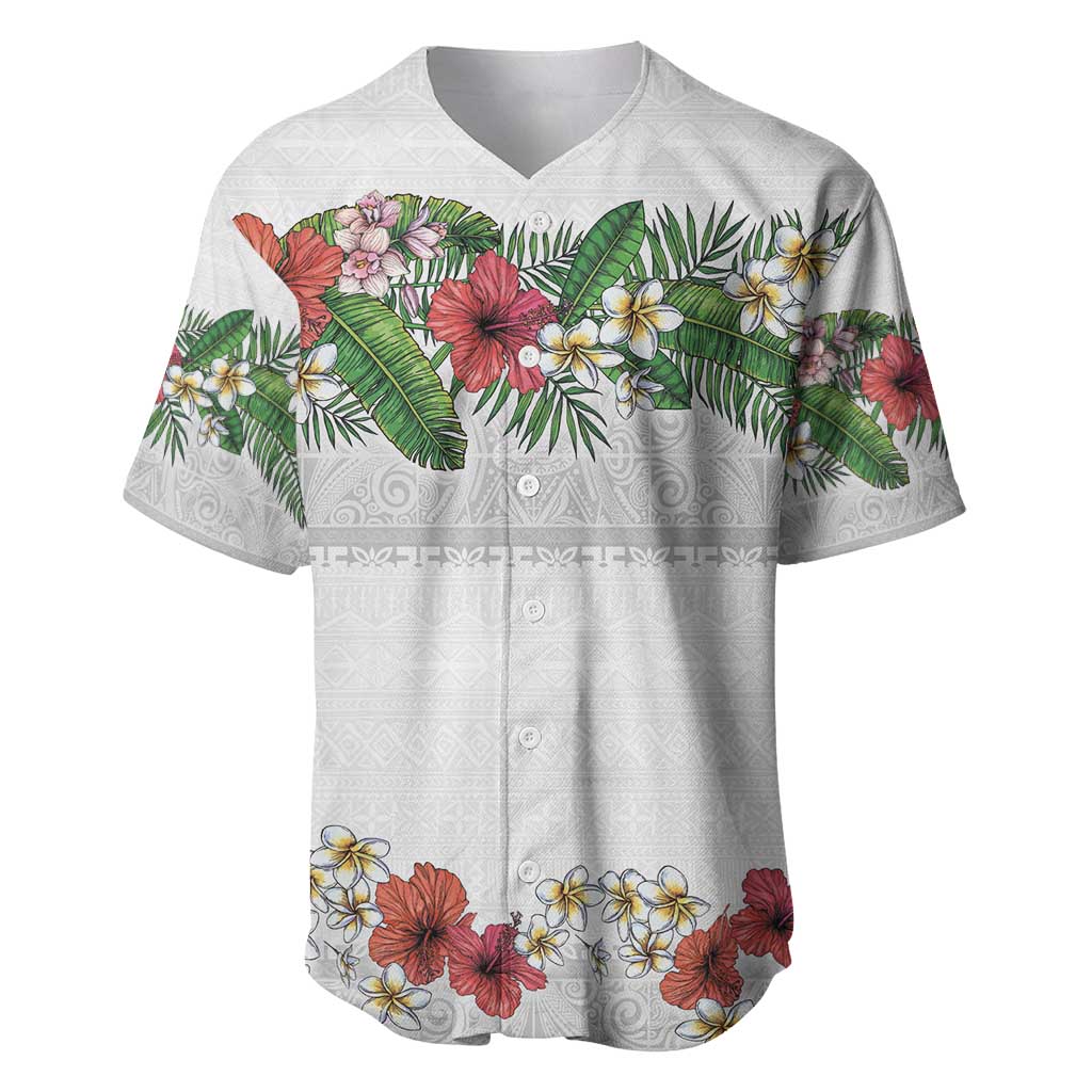 Hawaiian Tropical Flowers and Tribal Polynesian Tattoo Baseball Jersey White Color