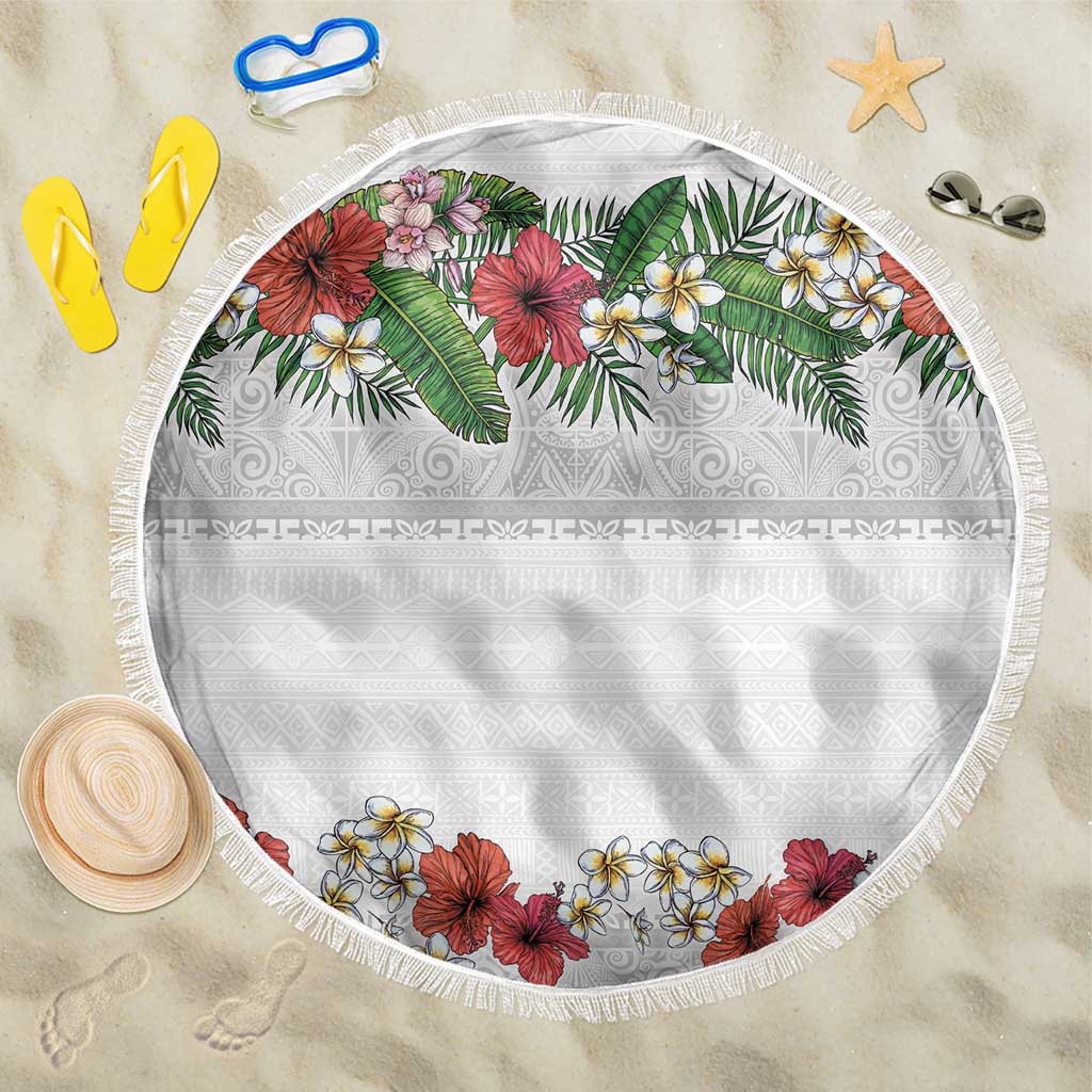 Hawaiian Tropical Flowers and Tribal Polynesian Tattoo Beach Blanket White Color LT03 One Size 150cm White - Polynesian Pride