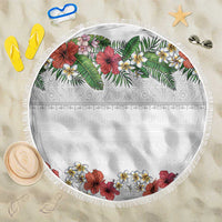 Hawaiian Tropical Flowers and Tribal Polynesian Tattoo Beach Blanket White Color LT03 One Size 150cm White - Polynesian Pride