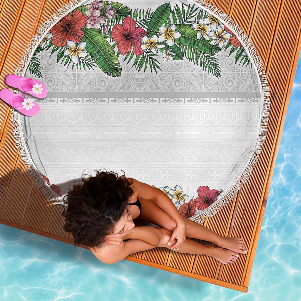 Hawaiian Tropical Flowers and Tribal Polynesian Tattoo Beach Blanket White Color LT03 - Polynesian Pride