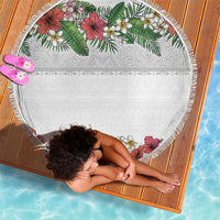 Hawaiian Tropical Flowers and Tribal Polynesian Tattoo Beach Blanket White Color LT03 - Polynesian Pride