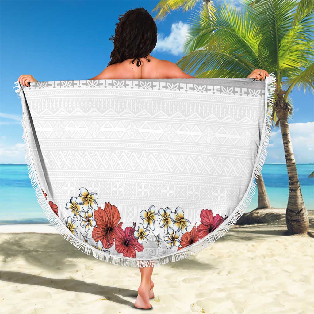 Hawaiian Tropical Flowers and Tribal Polynesian Tattoo Beach Blanket White Color LT03 - Polynesian Pride