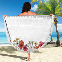 Hawaiian Tropical Flowers and Tribal Polynesian Tattoo Beach Blanket White Color LT03 - Polynesian Pride