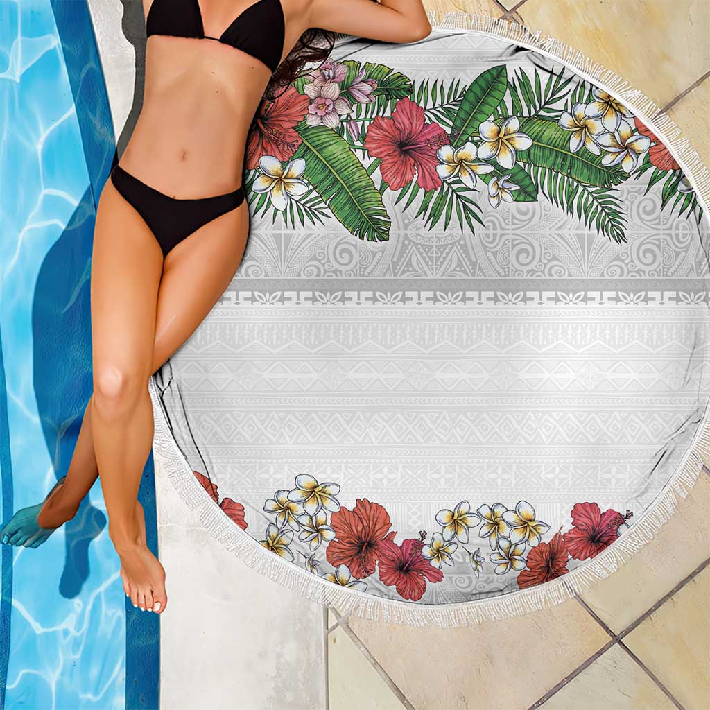 Hawaiian Tropical Flowers and Tribal Polynesian Tattoo Beach Blanket White Color LT03 - Polynesian Pride