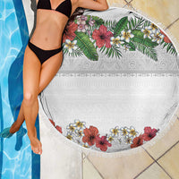 Hawaiian Tropical Flowers and Tribal Polynesian Tattoo Beach Blanket White Color LT03 - Polynesian Pride