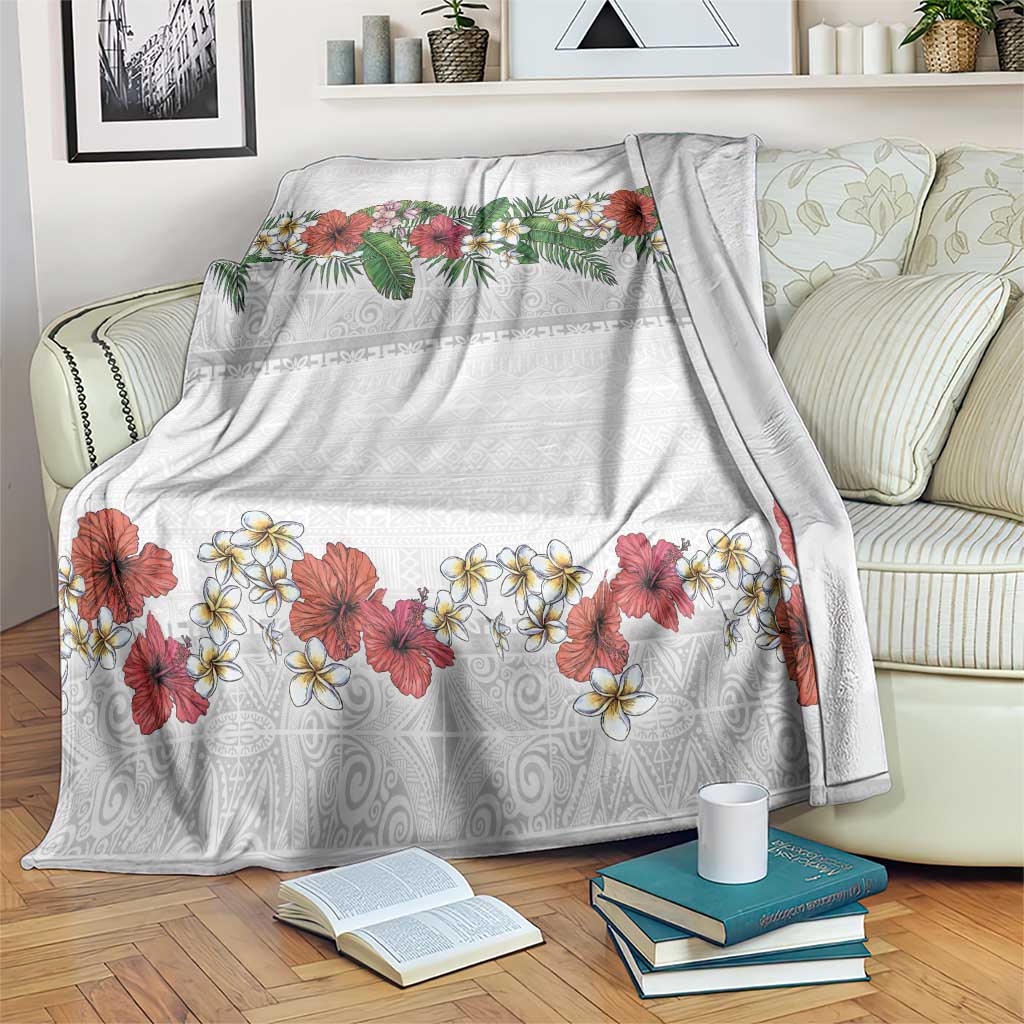 Hawaiian Tropical Flowers and Tribal Polynesian Tattoo Blanket White Color LT03 White - Polynesian Pride