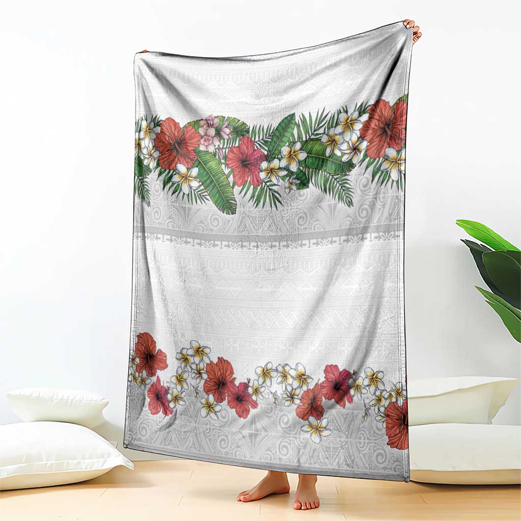 Hawaiian Tropical Flowers and Tribal Polynesian Tattoo Blanket White Color LT03 - Polynesian Pride