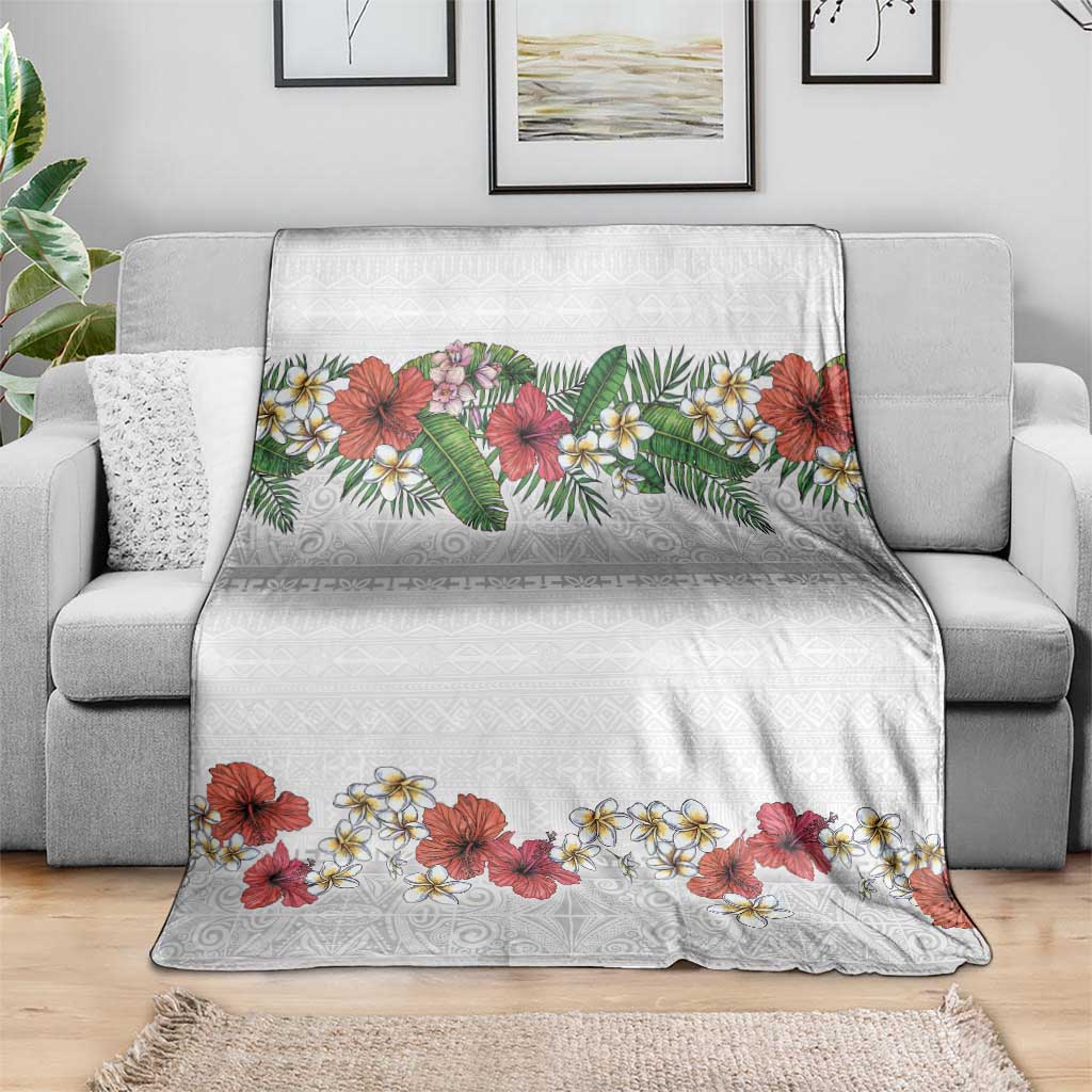 Hawaiian Tropical Flowers and Tribal Polynesian Tattoo Blanket White Color LT03 - Polynesian Pride
