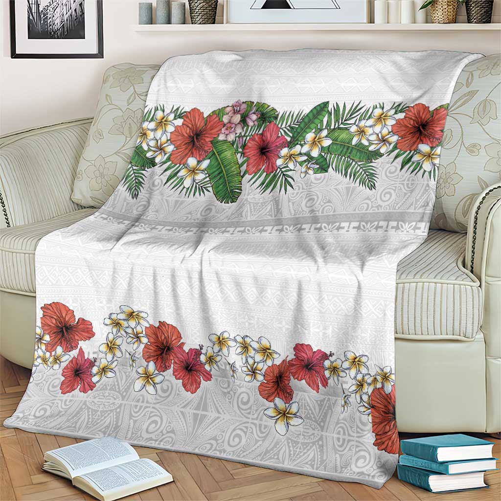Hawaiian Tropical Flowers and Tribal Polynesian Tattoo Blanket White Color LT03 - Polynesian Pride