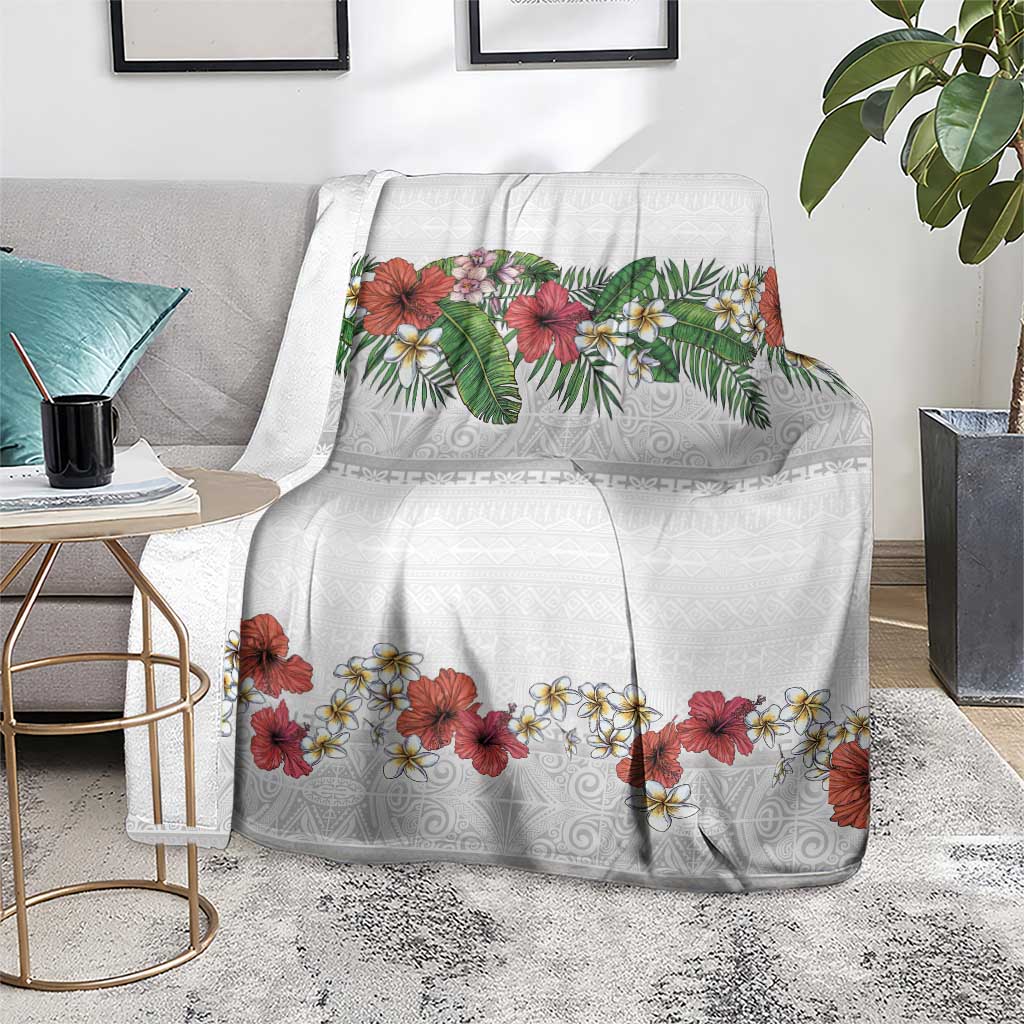 Hawaiian Tropical Flowers and Tribal Polynesian Tattoo Blanket White Color LT03 - Polynesian Pride