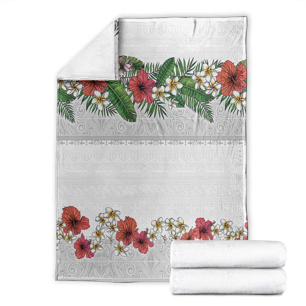 Hawaiian Tropical Flowers and Tribal Polynesian Tattoo Blanket White Color LT03 - Polynesian Pride