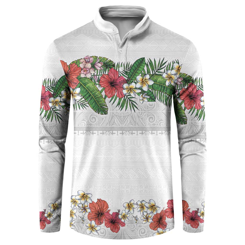 Hawaiian Tropical Flowers and Tribal Polynesian Tattoo Button Sweatshirt White Color