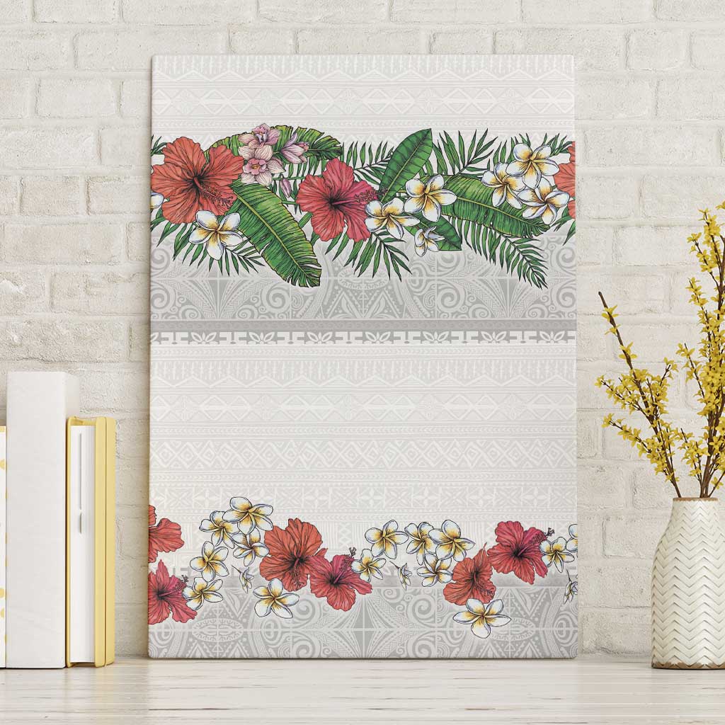 Hawaiian Tropical Flowers and Tribal Polynesian Tattoo Canvas Wall Art White Color LT03 Without Frame White - Polynesian Pride