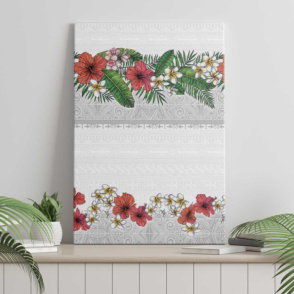 Hawaiian Tropical Flowers and Tribal Polynesian Tattoo Canvas Wall Art White Color LT03 - Polynesian Pride