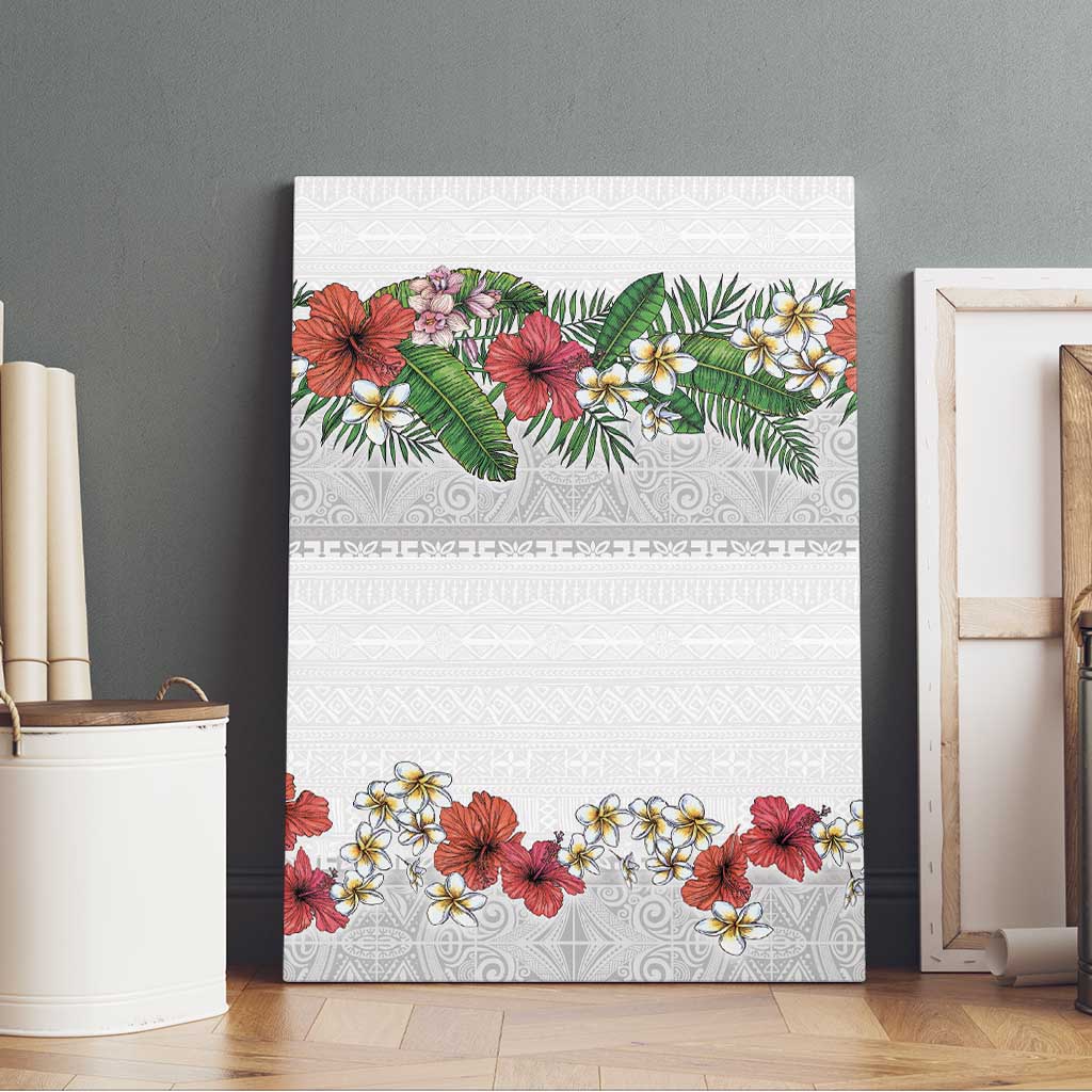Hawaiian Tropical Flowers and Tribal Polynesian Tattoo Canvas Wall Art White Color LT03 - Polynesian Pride