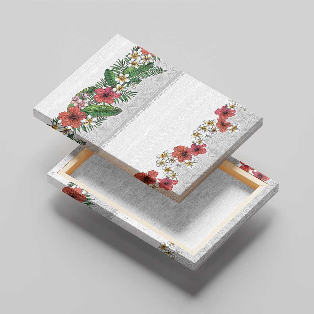 Hawaiian Tropical Flowers and Tribal Polynesian Tattoo Canvas Wall Art White Color LT03 - Polynesian Pride