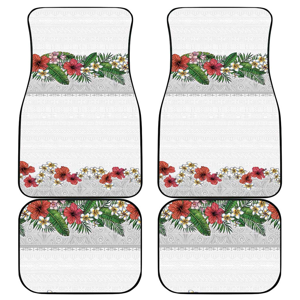 Hawaiian Tropical Flowers and Tribal Polynesian Tattoo Car Mats White Color