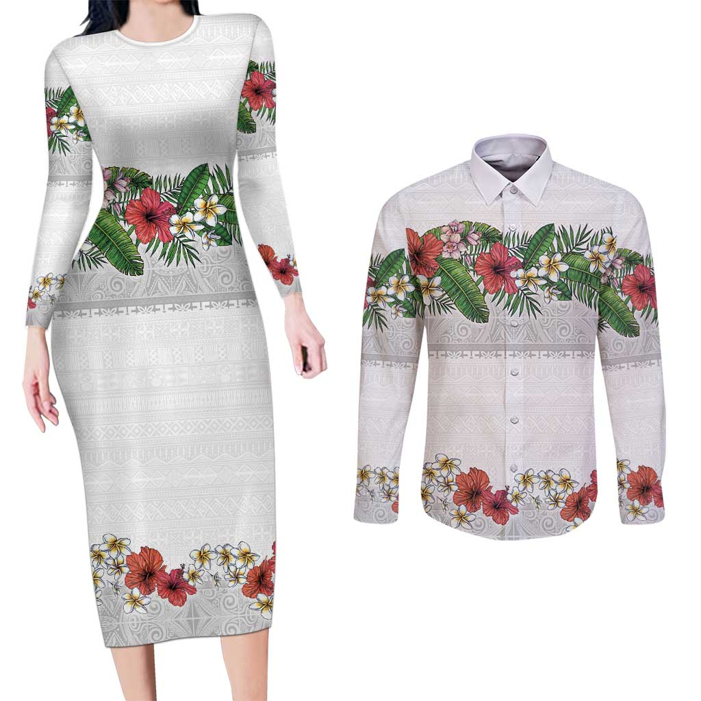 Hawaiian Tropical Flowers and Tribal Polynesian Tattoo Couples Matching Long Sleeve Bodycon Dress and Long Sleeve Button Shirt White Color