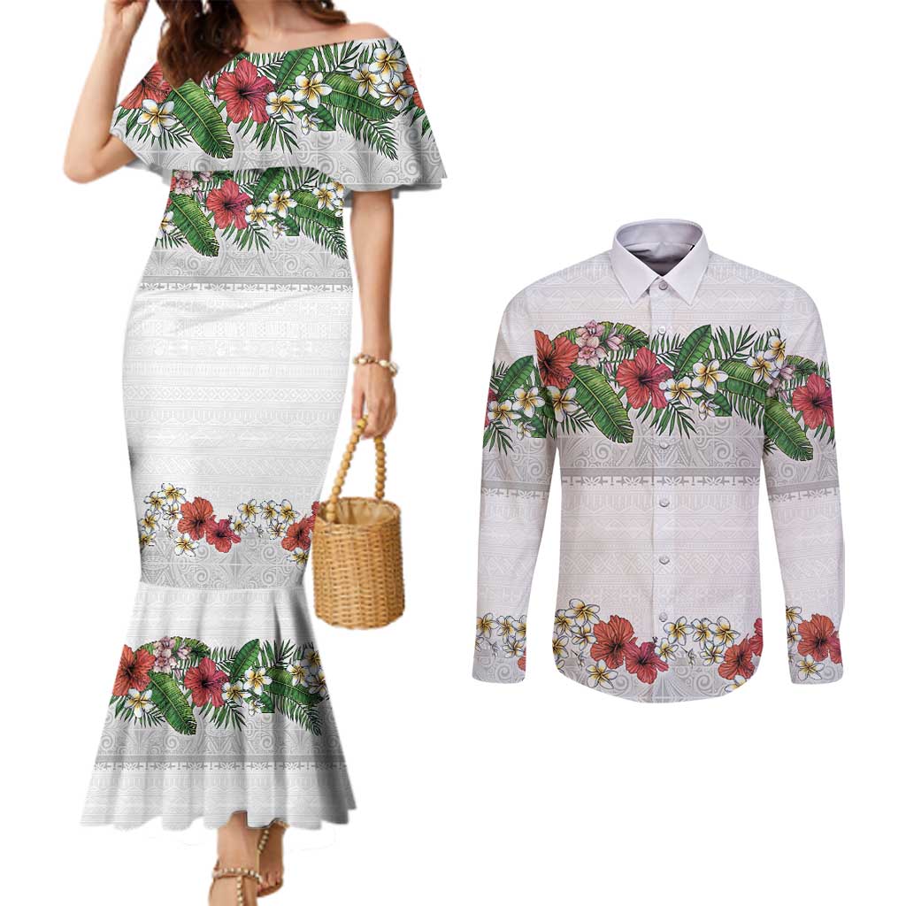 Hawaiian Tropical Flowers and Tribal Polynesian Tattoo Couples Matching Mermaid Dress and Long Sleeve Button Shirt White Color LT03 White - Polynesian Pride