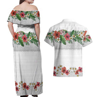 Hawaiian Tropical Flowers and Tribal Polynesian Tattoo Couples Matching Off Shoulder Maxi Dress and Hawaiian Shirt White Color