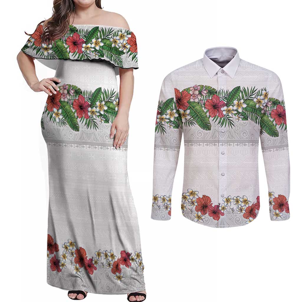 Hawaiian Tropical Flowers and Tribal Polynesian Tattoo Couples Matching Off Shoulder Maxi Dress and Long Sleeve Button Shirt White Color