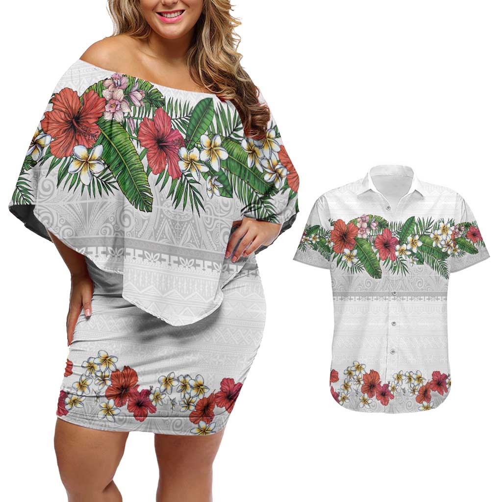 Hawaiian Tropical Flowers and Tribal Polynesian Tattoo Couples Matching Off Shoulder Short Dress and Hawaiian Shirt White Color LT03 White - Polynesian Pride