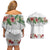 Hawaiian Tropical Flowers and Tribal Polynesian Tattoo Couples Matching Off Shoulder Short Dress and Hawaiian Shirt White Color