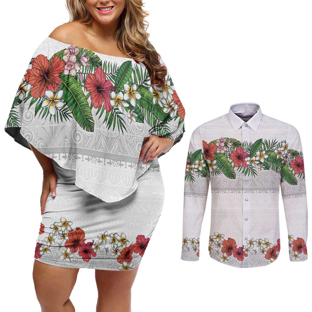 Hawaiian Tropical Flowers and Tribal Polynesian Tattoo Couples Matching Off Shoulder Short Dress and Long Sleeve Button Shirt White Color