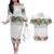 Hawaiian Tropical Flowers and Tribal Polynesian Tattoo Couples Matching Off The Shoulder Long Sleeve Dress and Hawaiian Shirt White Color