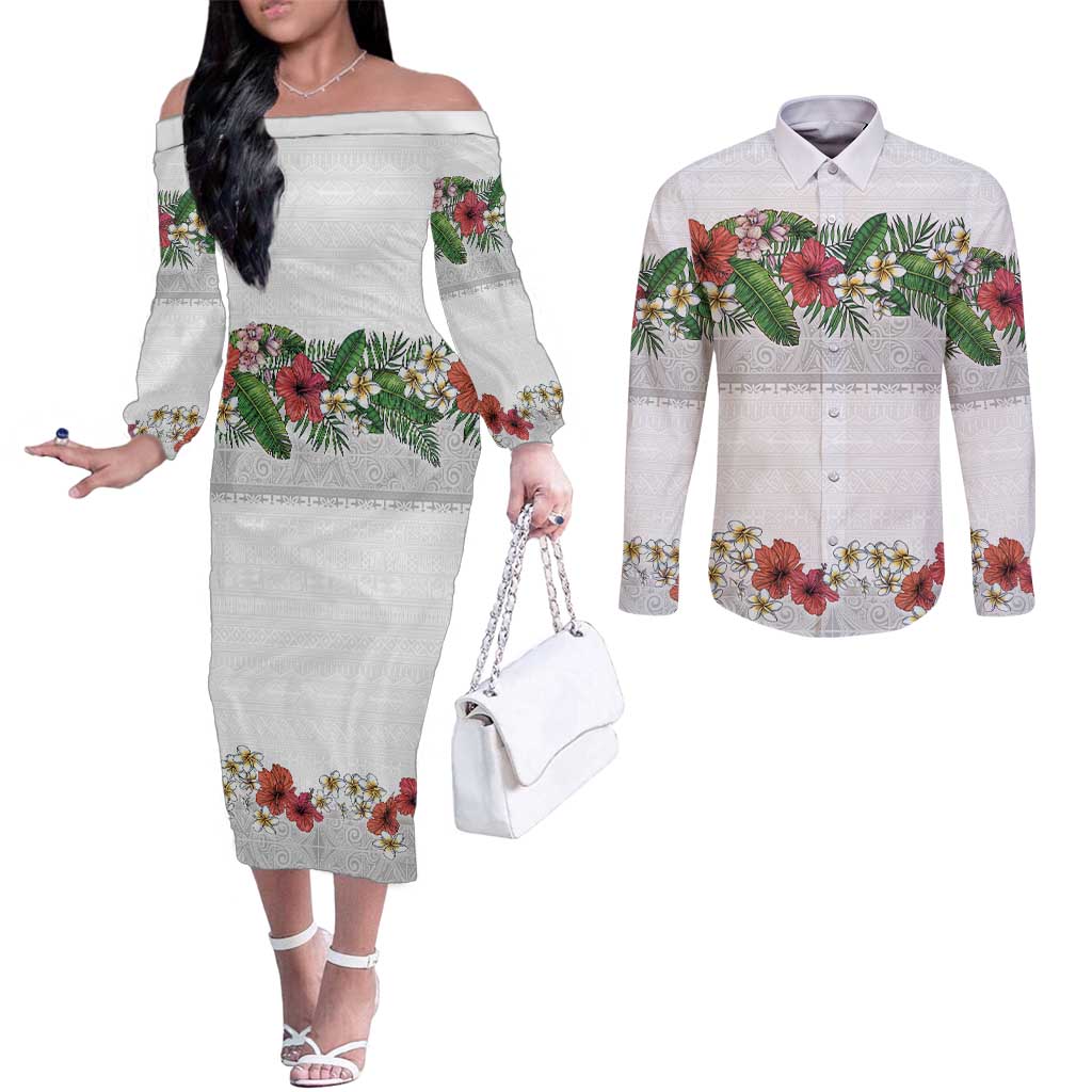 Hawaiian Tropical Flowers and Tribal Polynesian Tattoo Couples Matching Off The Shoulder Long Sleeve Dress and Long Sleeve Button Shirt White Color