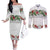 Hawaiian Tropical Flowers and Tribal Polynesian Tattoo Couples Matching Off The Shoulder Long Sleeve Dress and Long Sleeve Button Shirt White Color