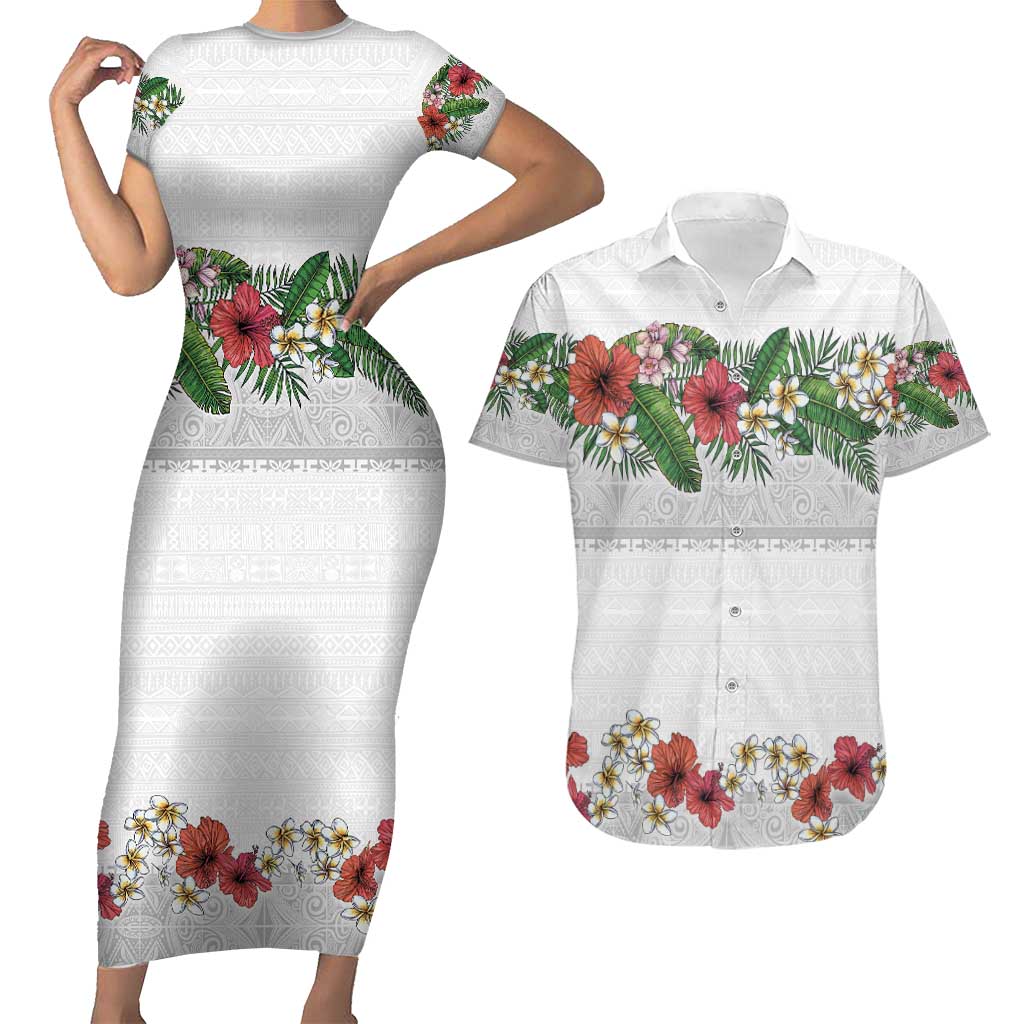 Hawaiian Tropical Flowers and Tribal Polynesian Tattoo Couples Matching Short Sleeve Bodycon Dress and Hawaiian Shirt White Color