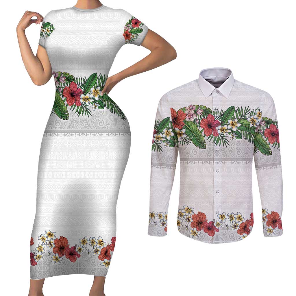 Hawaiian Tropical Flowers and Tribal Polynesian Tattoo Couples Matching Short Sleeve Bodycon Dress and Long Sleeve Button Shirt White Color LT03 White - Polynesian Pride