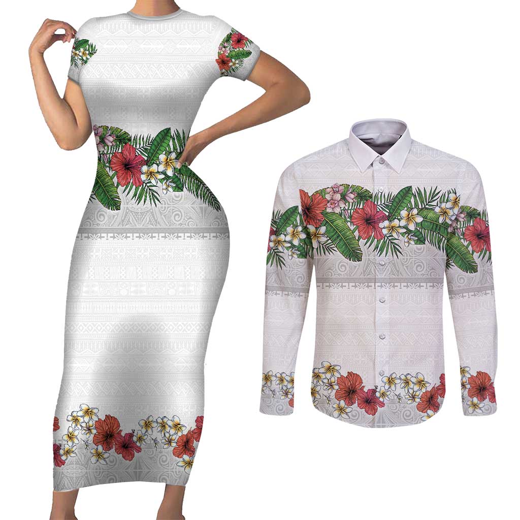 Hawaiian Tropical Flowers and Tribal Polynesian Tattoo Couples Matching Short Sleeve Bodycon Dress and Long Sleeve Button Shirt White Color