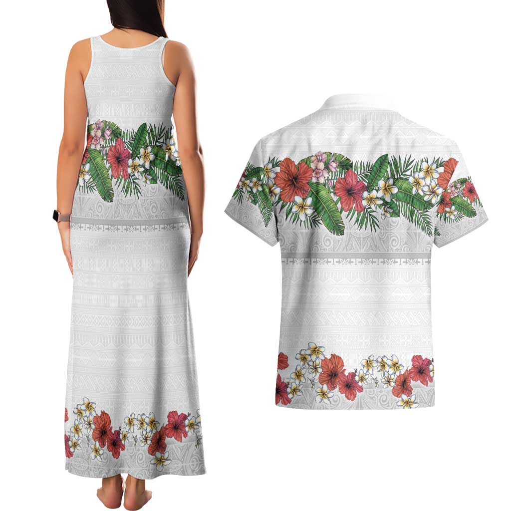 Hawaiian Tropical Flowers and Tribal Polynesian Tattoo Couples Matching Tank Maxi Dress and Hawaiian Shirt White Color LT03 - Polynesian Pride